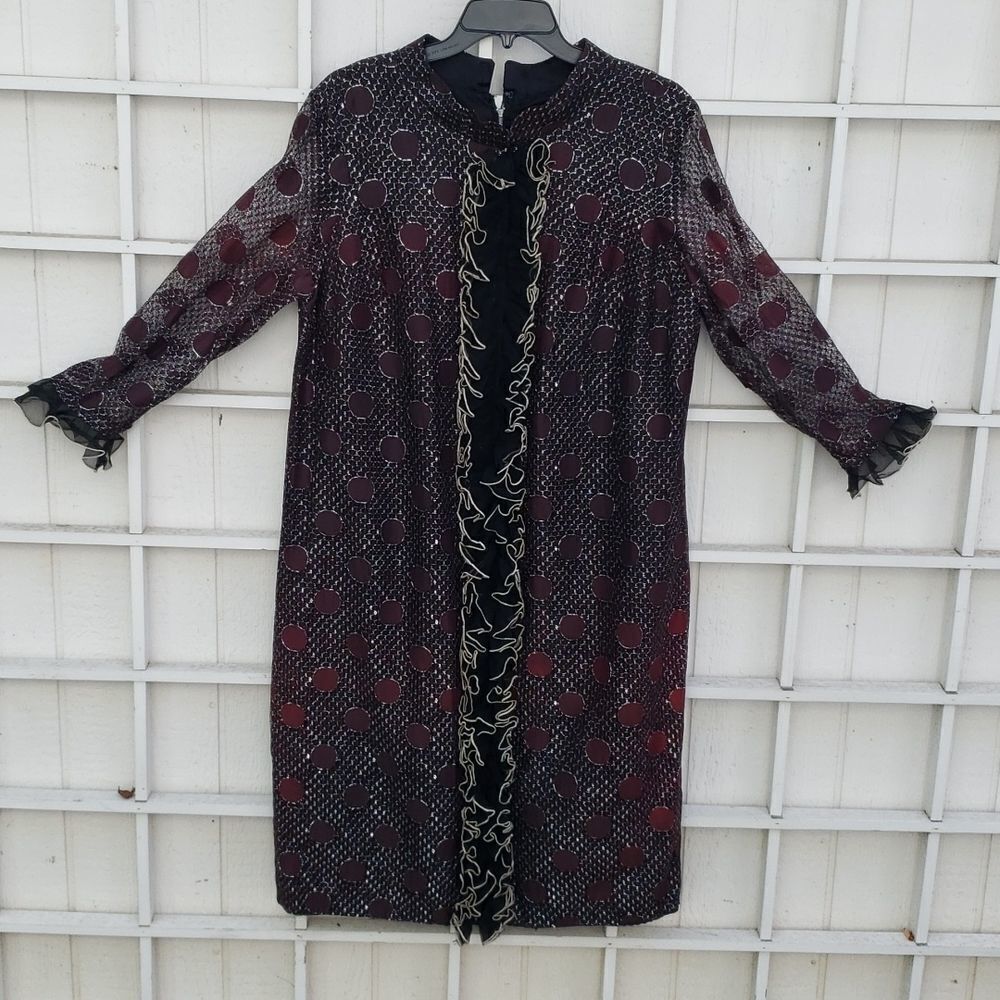 VNTG 60's Metallic Black/Maroon Polka-Dotted Frilly Ribbon Duster Dress